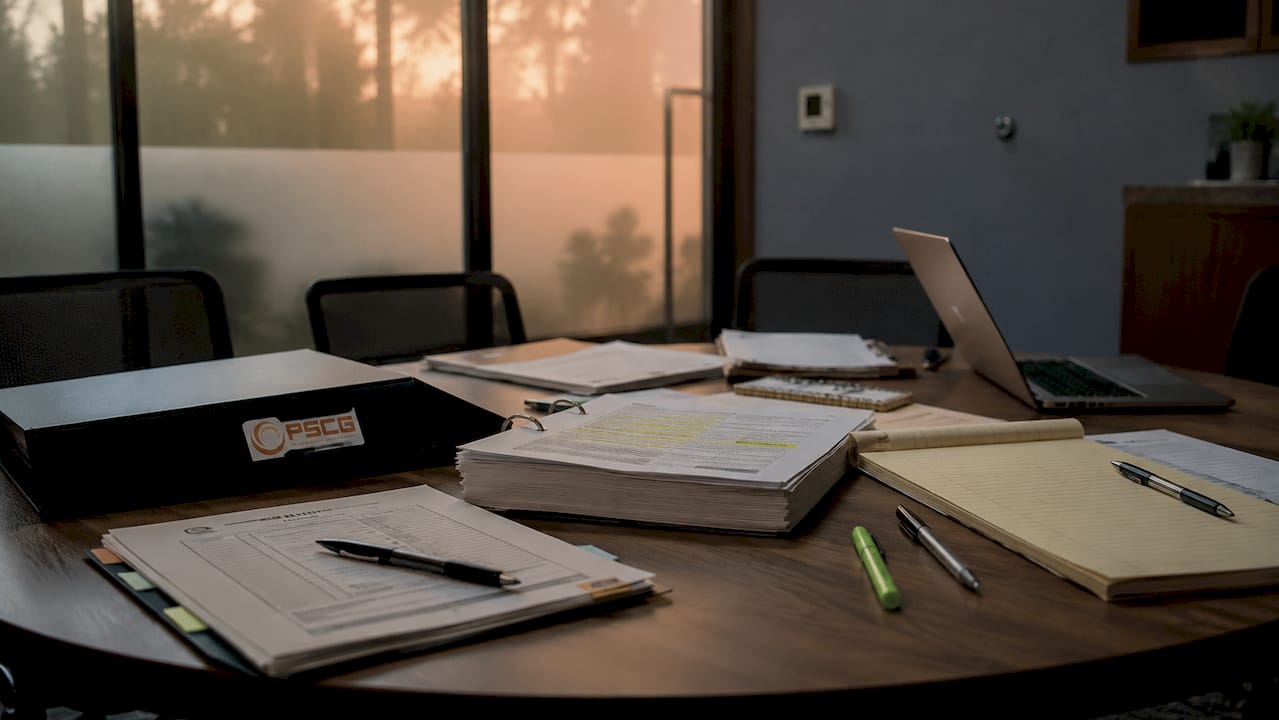 Legal and EMS documents spread on table with PSCG branding