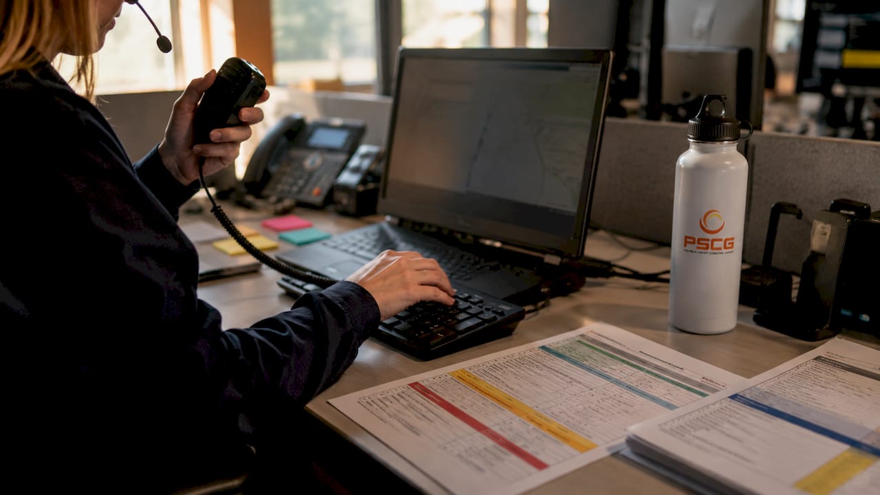 Dispatcher hands working EMS radio and keyboard