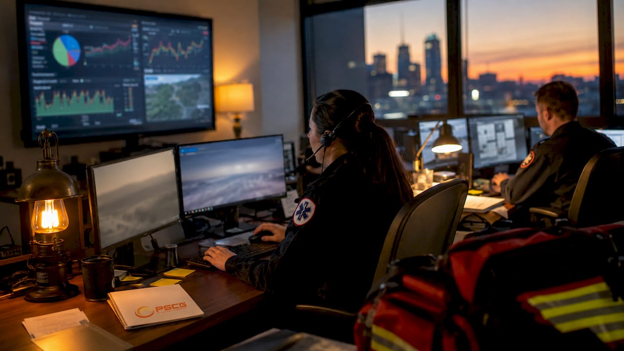 EMS operations room with risk dashboard and PSCG logo