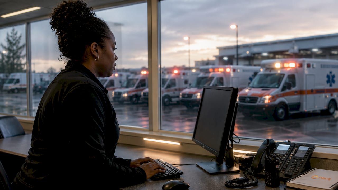 EMS dispatch center and ambulances at dusk