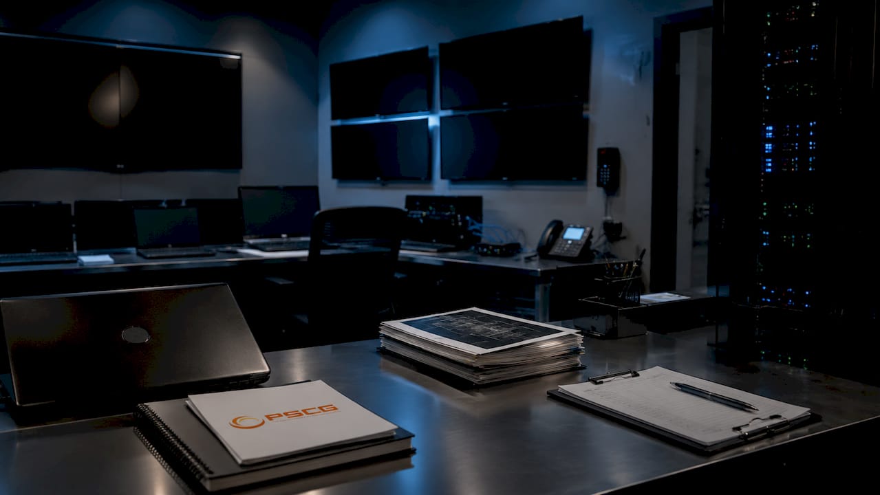 Public safety IT control room with PSCG logo and equipment