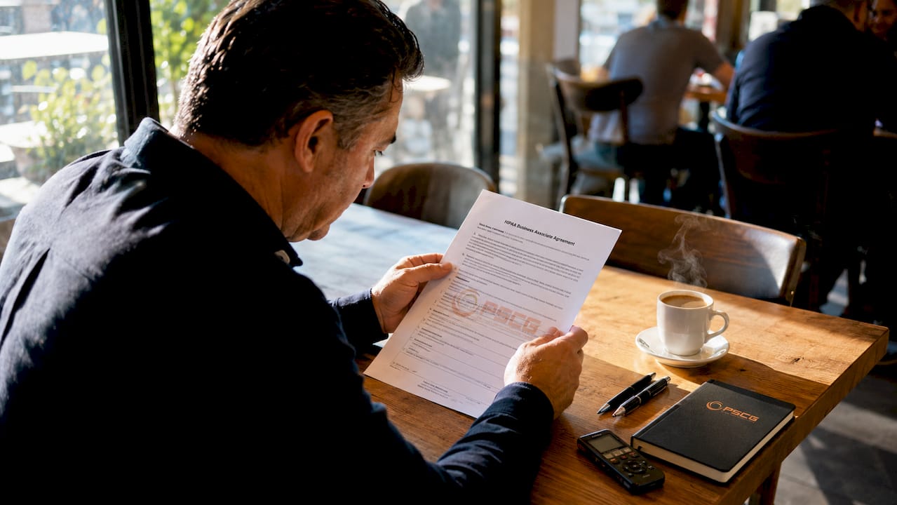 Hands reviewing HIPAA contract documents with PSCG Logo