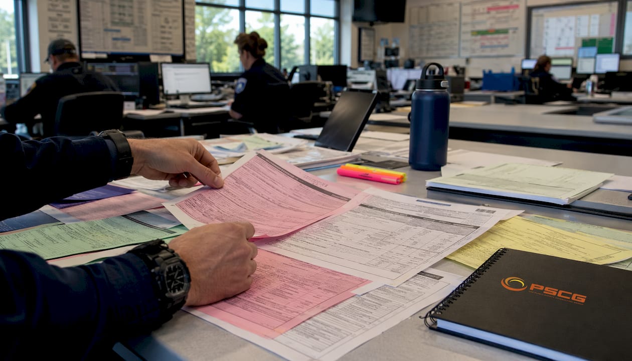Hands pointing over EMS call data with PSCG phone case