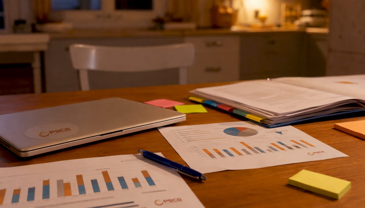 Close-up of analytics documents and laptop with PSCG logo