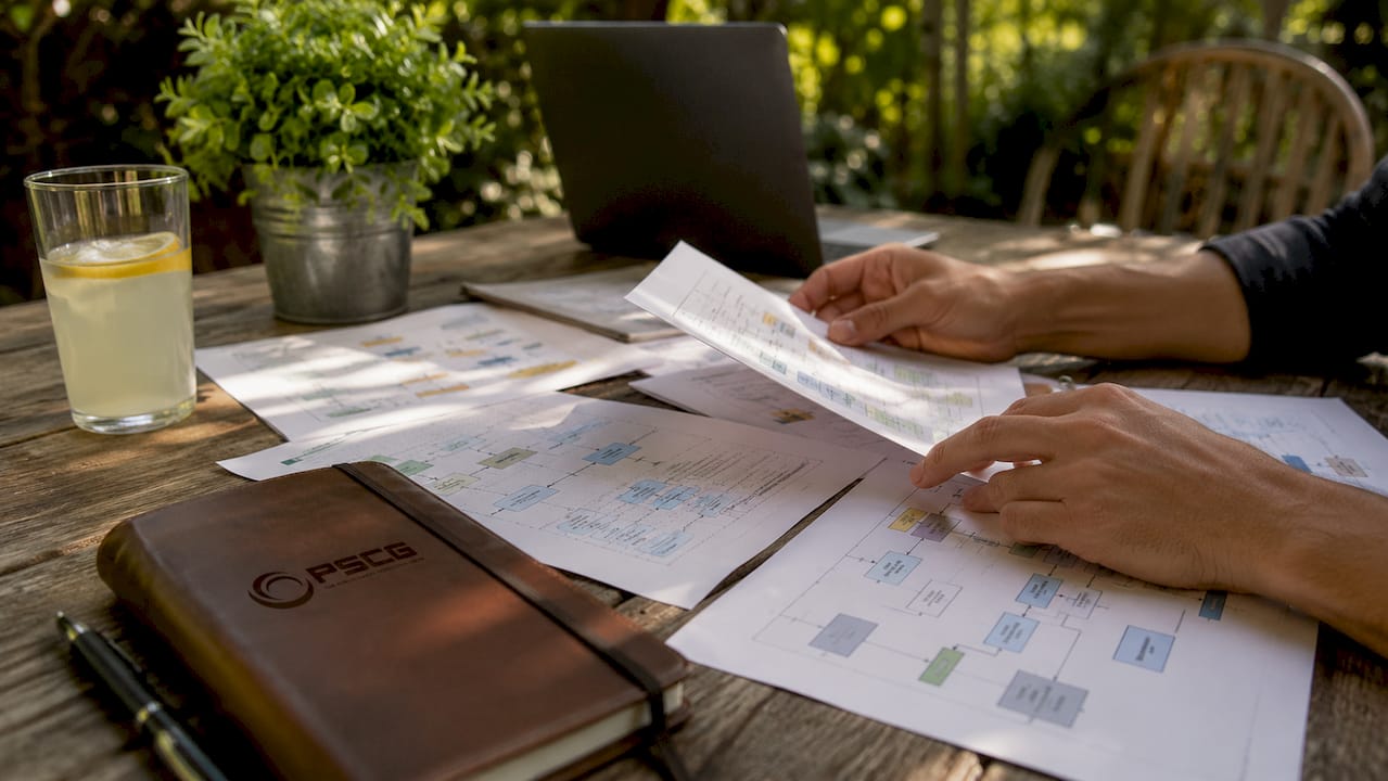 Hands reviewing predictive analytics charts