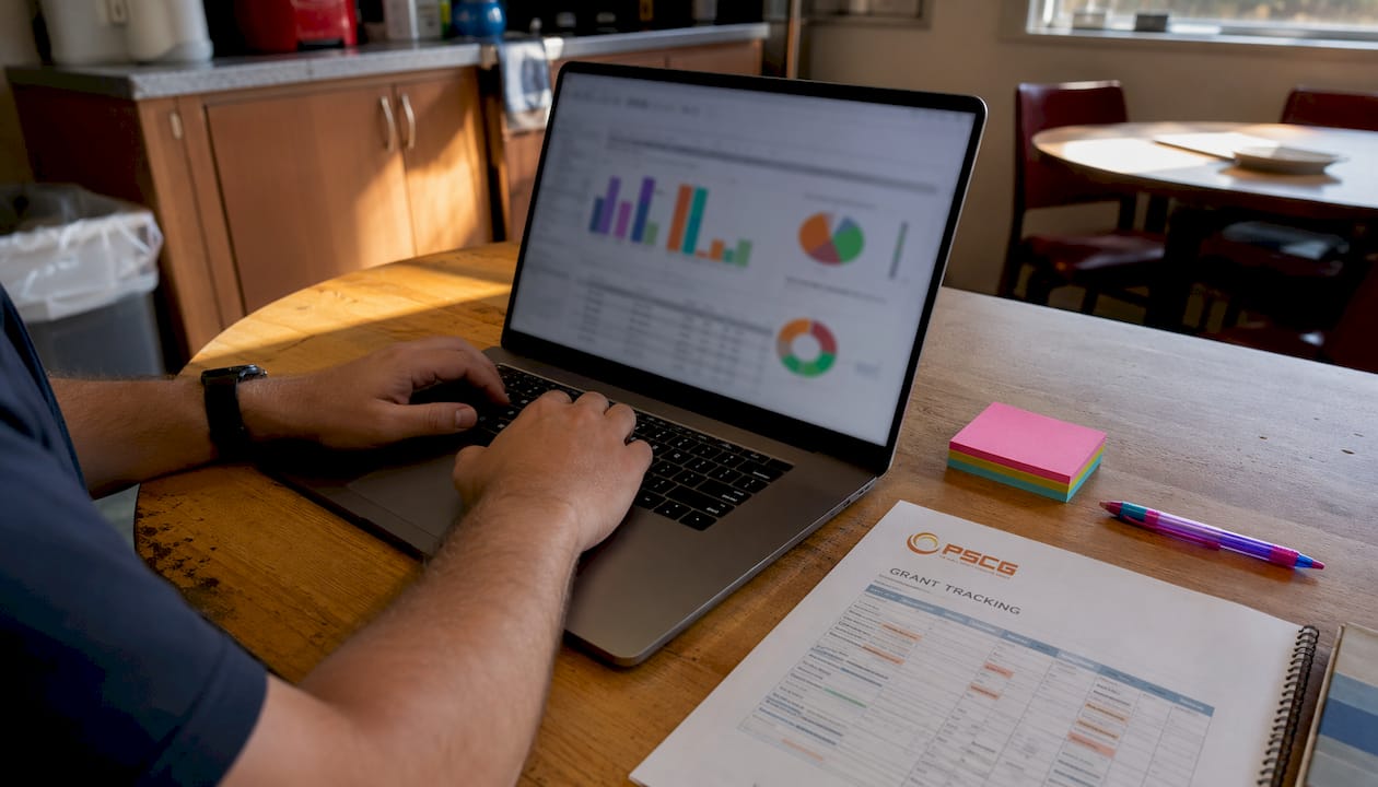 Hands typing on laptop near grant tracking spreadsheet with PSCG logo