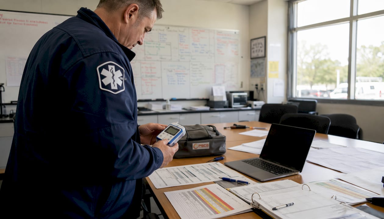 Paramedic checking cold-chain device with PSCG logo