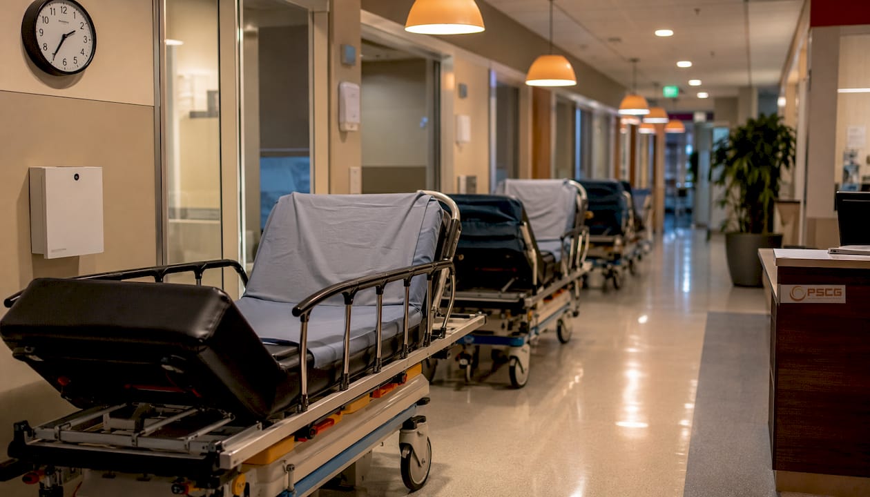 Hospital hallway with ambulance stretchers and PSCG binder