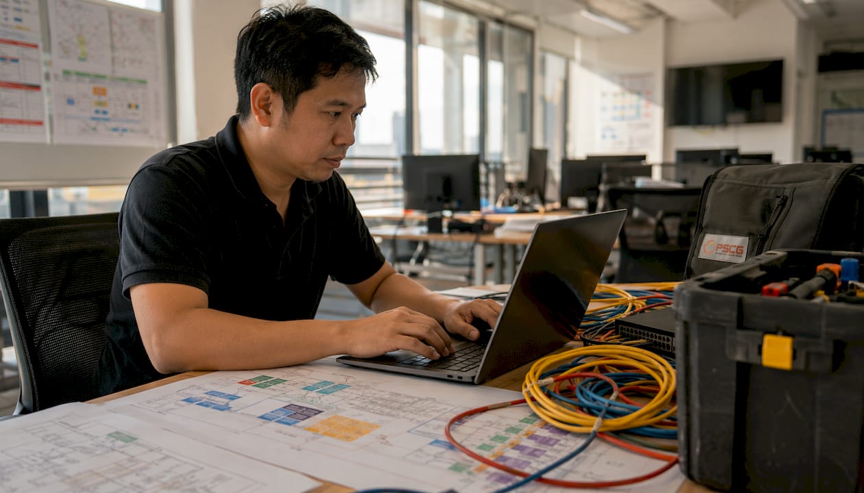 IT specialist working on hospital EMS systems with PSCG badge