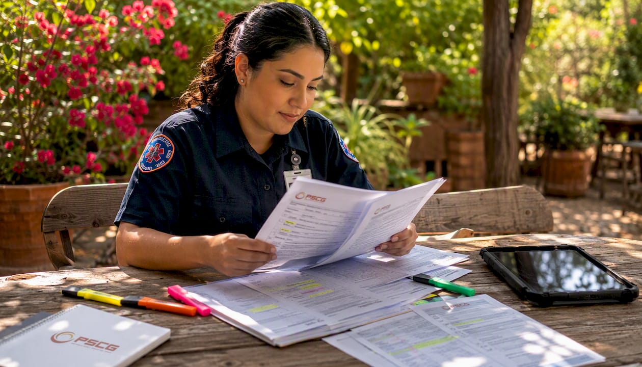 EMS provider hands poised over clinical document