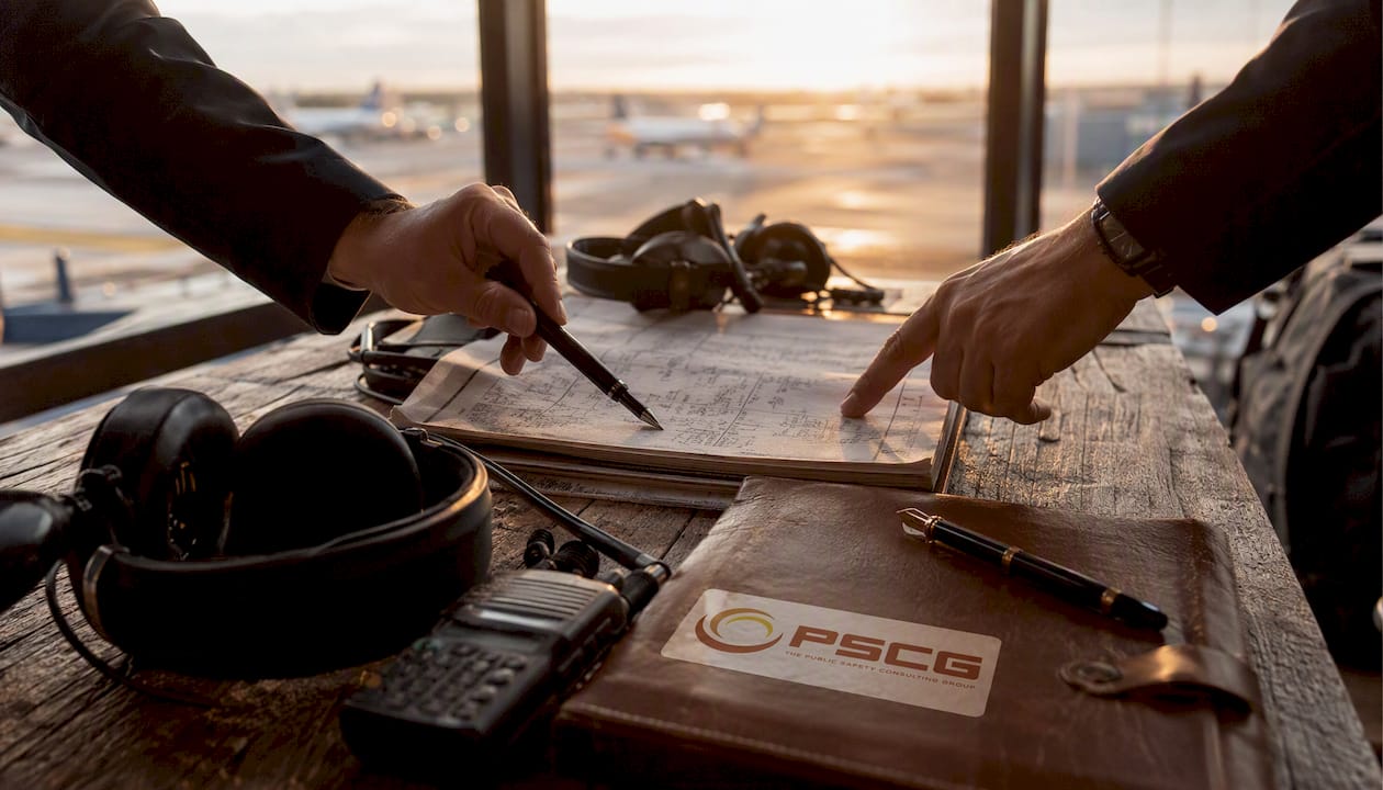 Hands coordinating with aviation communication tools on table
