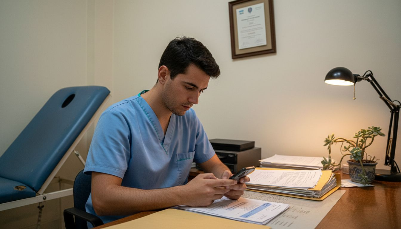 Un médico consulta en su móvil las confirmaciones de las citas de sus pacientes.