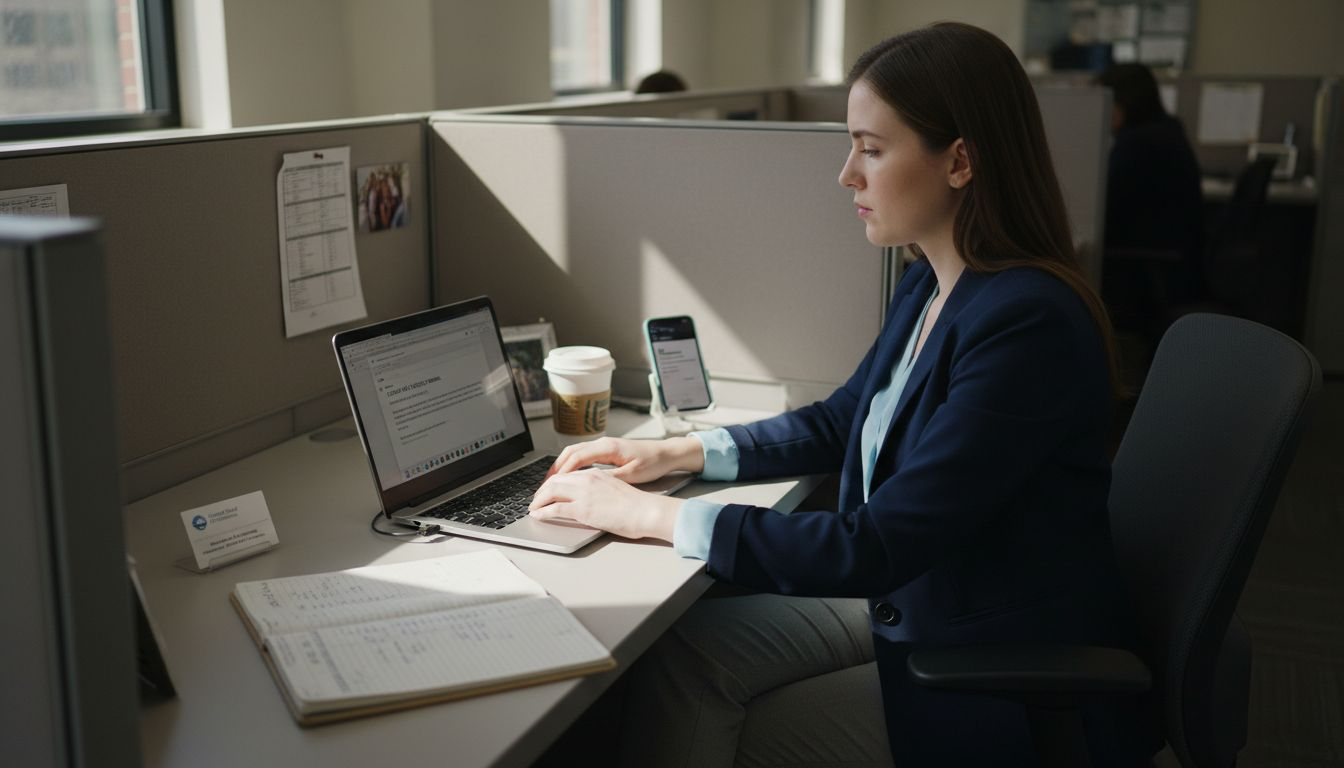 Insurance agent sending email and SMS at desk