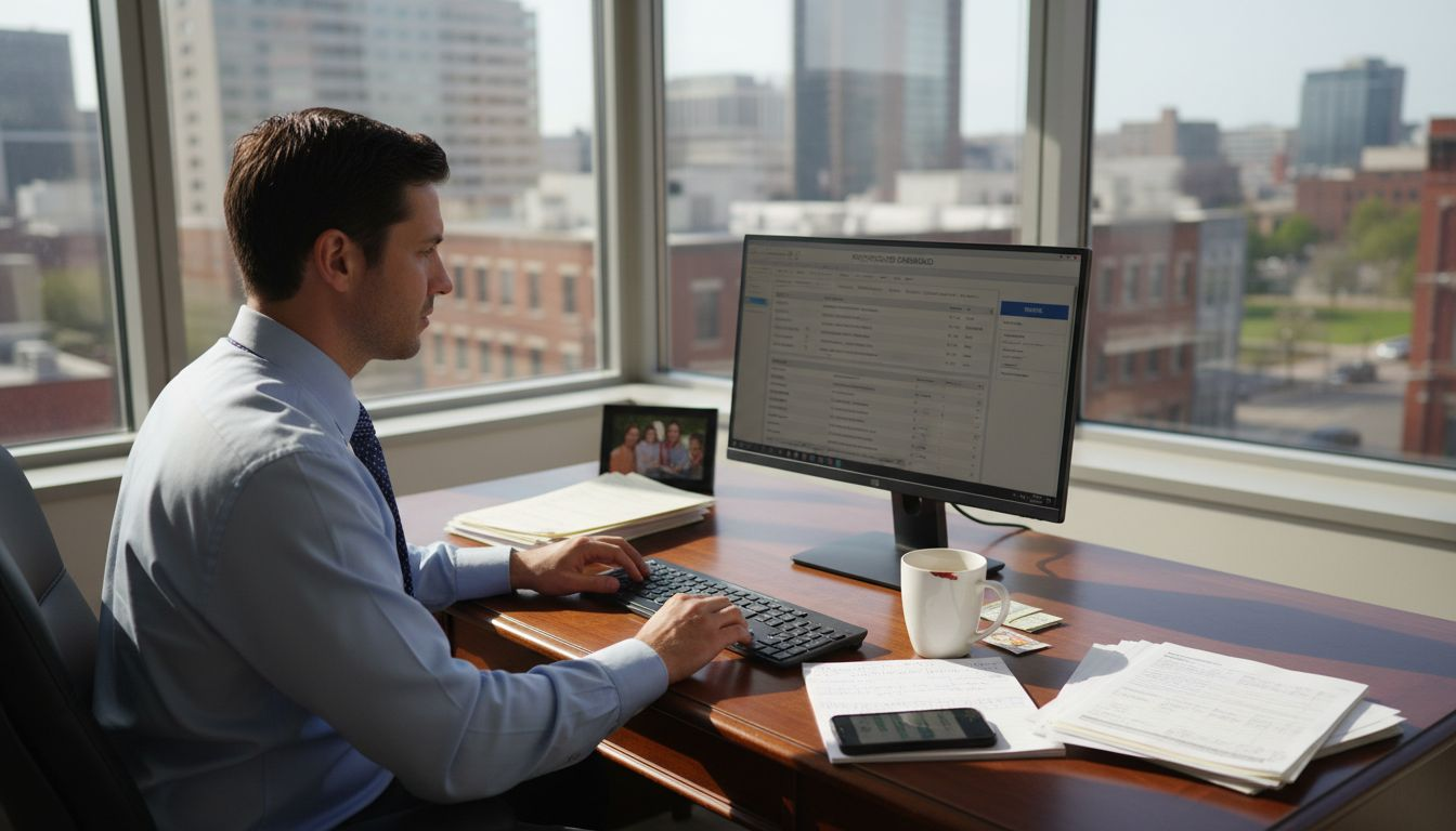 Insurance agent updates CRM at city office desk