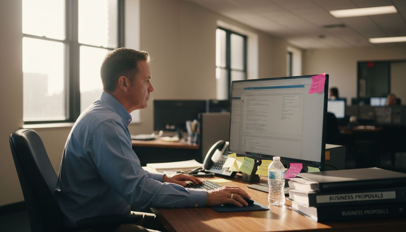 Agent managing sales tasks at busy desk