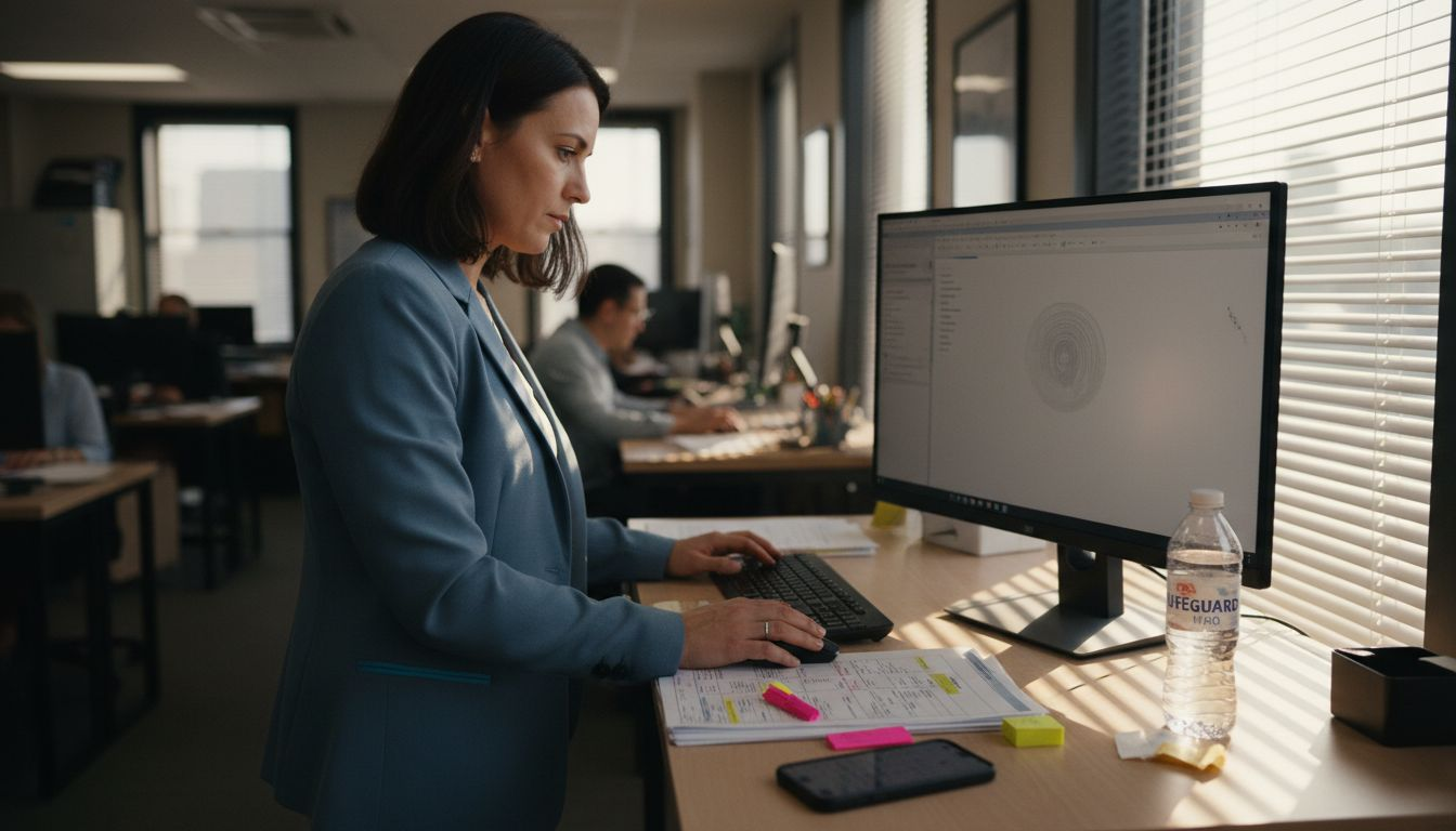 Agent assembling insurance proposals at open-plan desk
