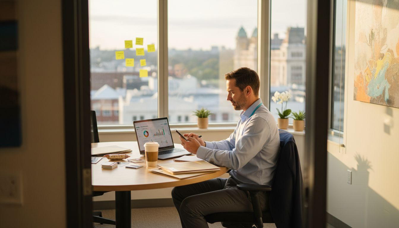 Insurance agent using mobile CRM app in office