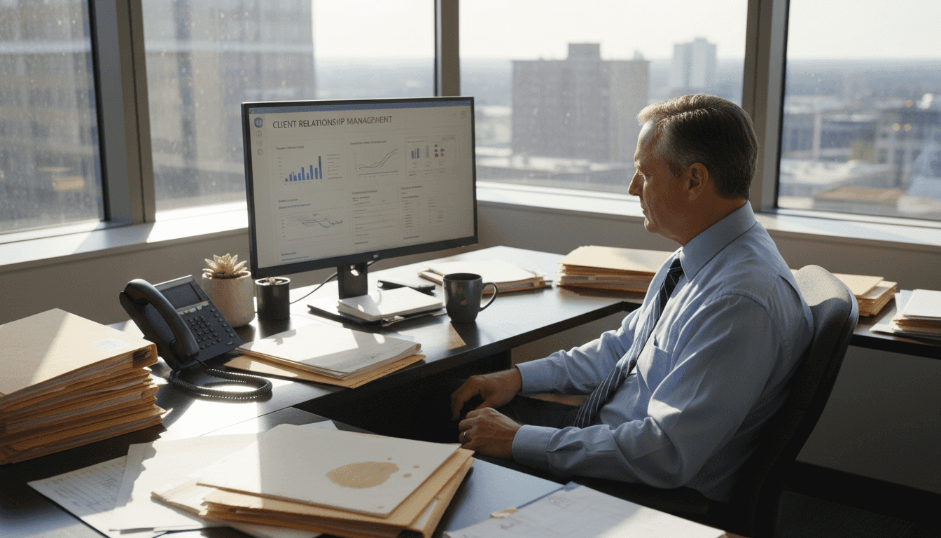 Insurance agent using CRM in corner office