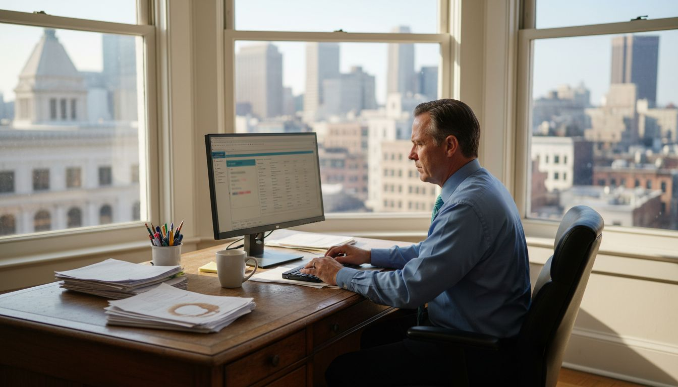 Insurance agent using CRM software in city office