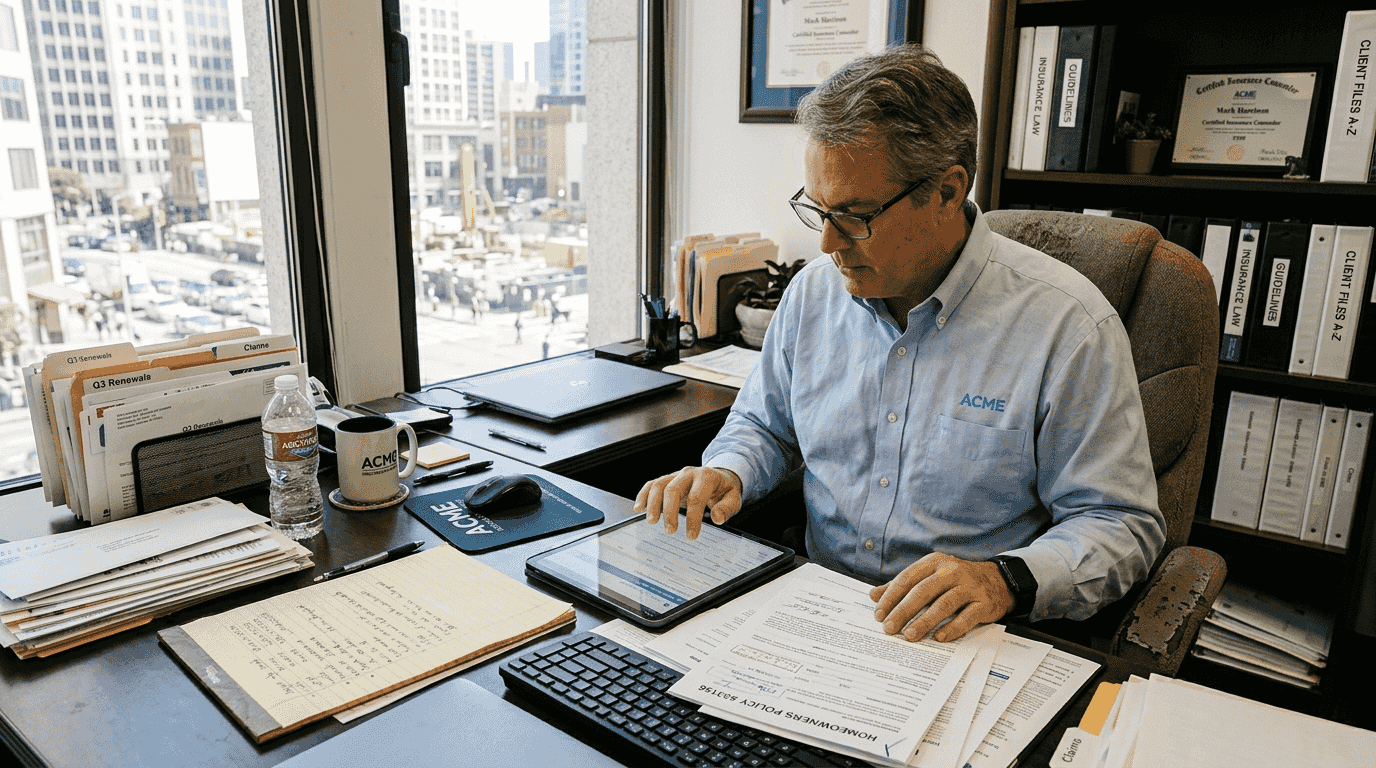 Insurance agent in corner office using AI tools