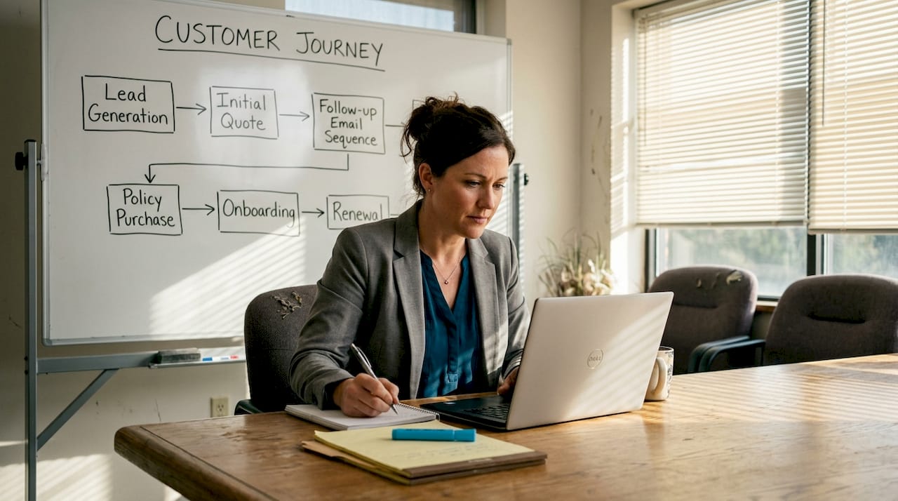 Insurance agent reviewing email workflow chart