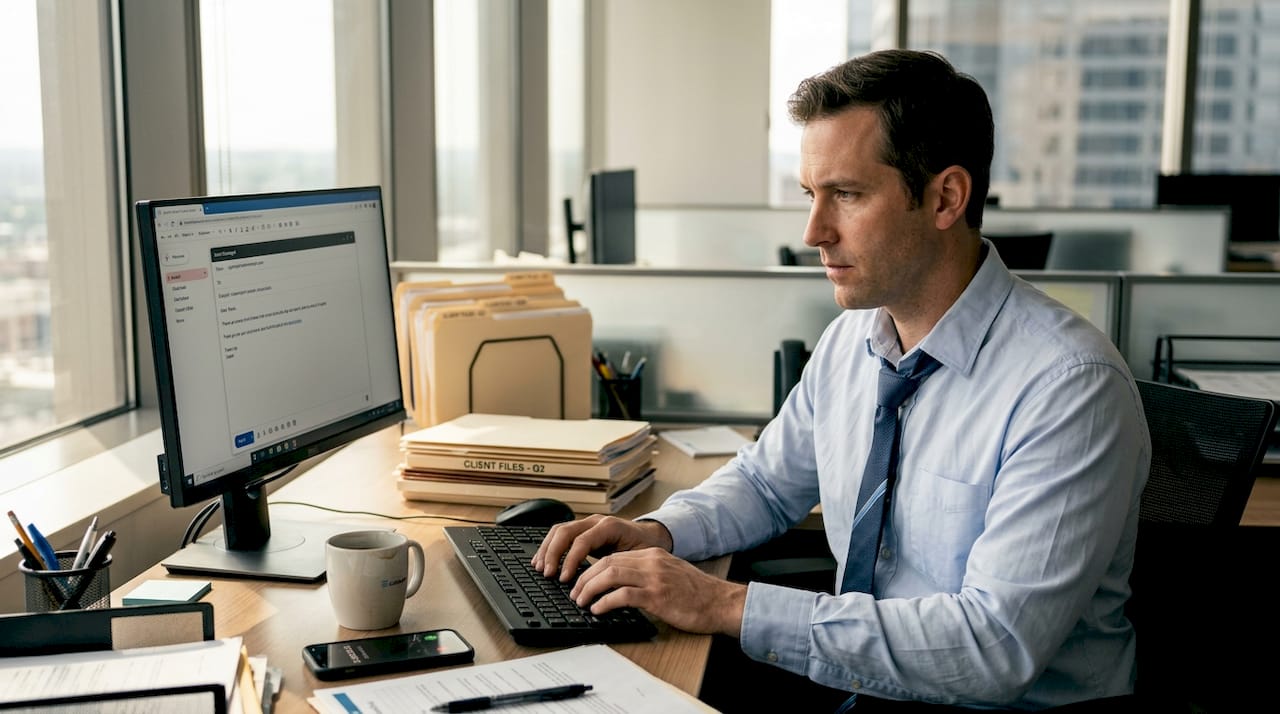 Insurance agent drafting marketing email at desk
