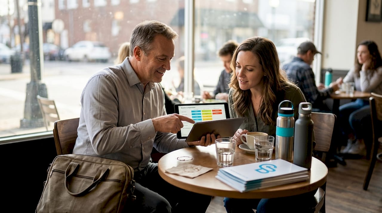 Agent and client reviewing insurance proposals in café