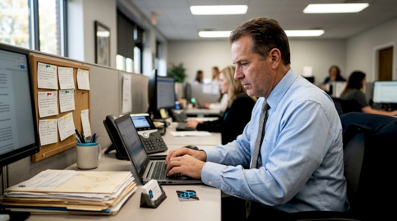 Insurance agent managing online reputation at desk
