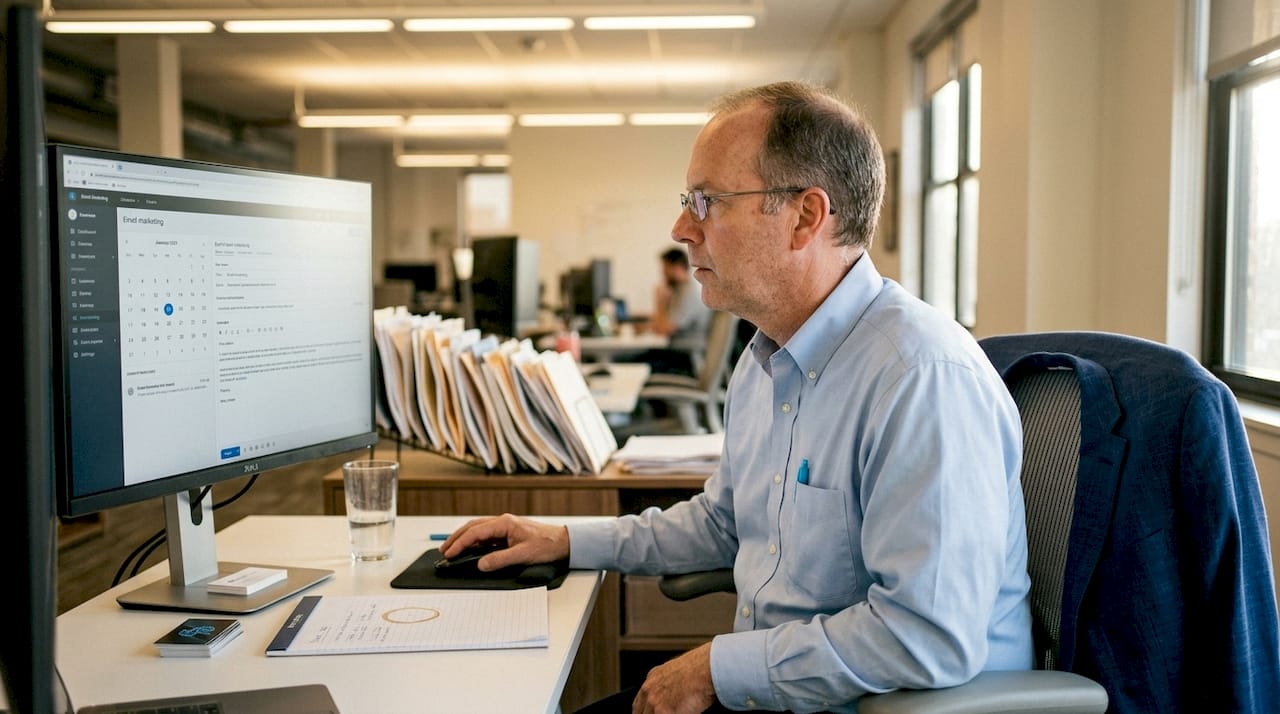 Insurance agency owner automating emails in office