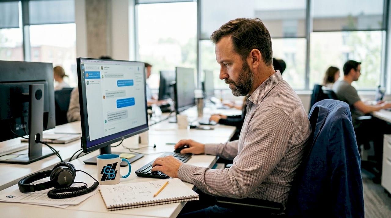 Agent replying to customer chats at desk