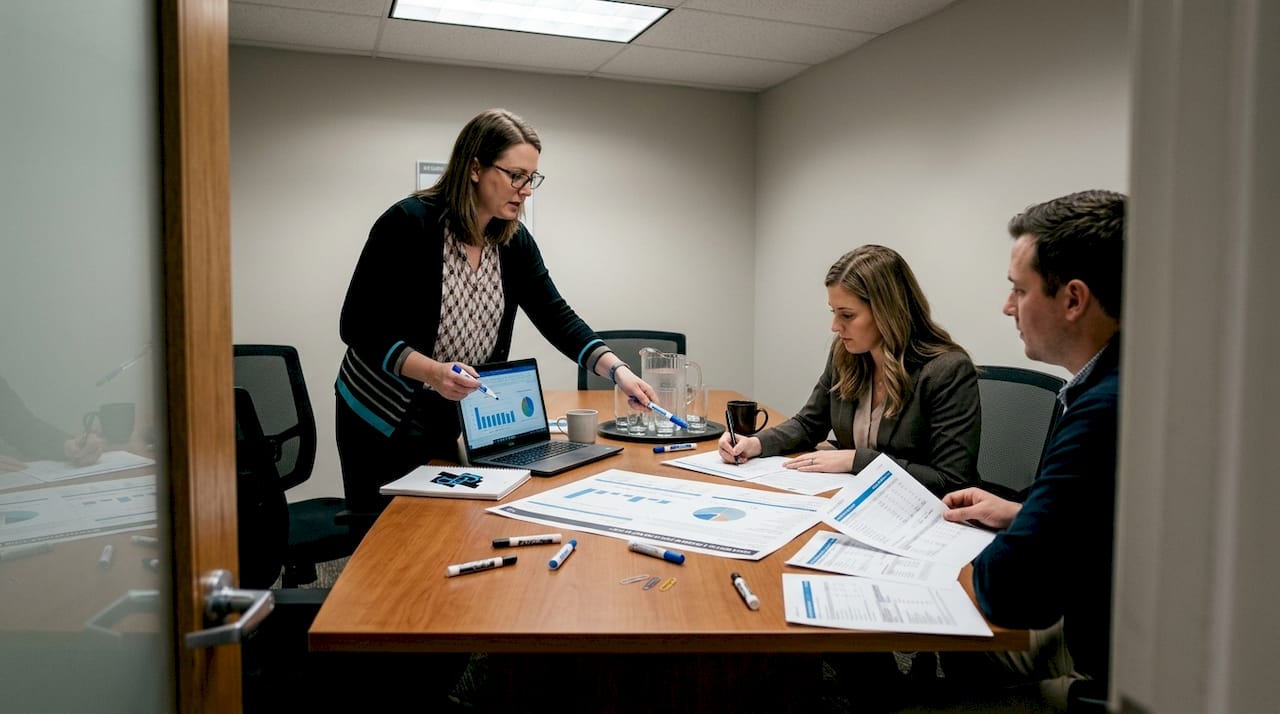 Insurance team reviewing lead data together