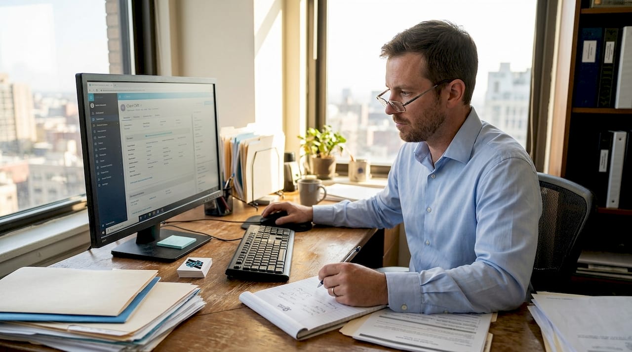 Insurance agent using CRM at desk