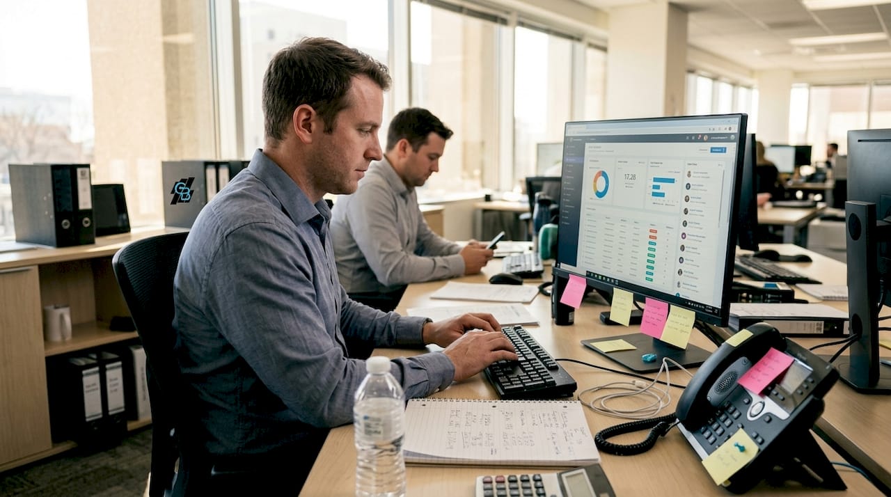 Insurance agents using automation tools at desk