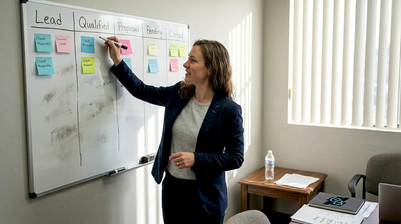 Team leader updating insurance pipeline whiteboard