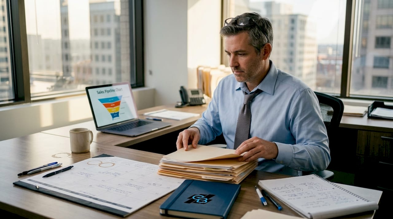 Insurance agent organizes files at sales pipeline desk