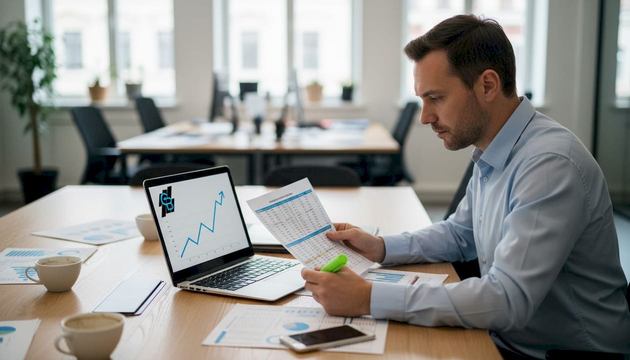 Agent reviewing sales performance dashboard papers