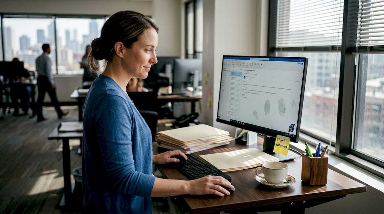 Agent reviews insurance automation at shared desk