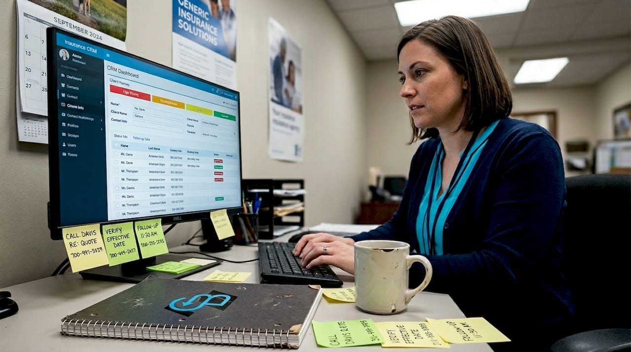 Insurance agent updating client CRM automation