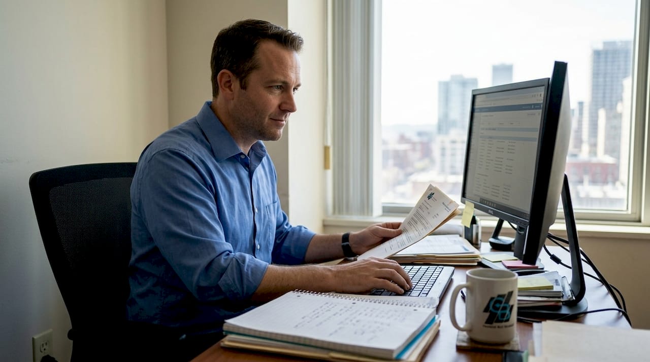 Health agent entering client data in office