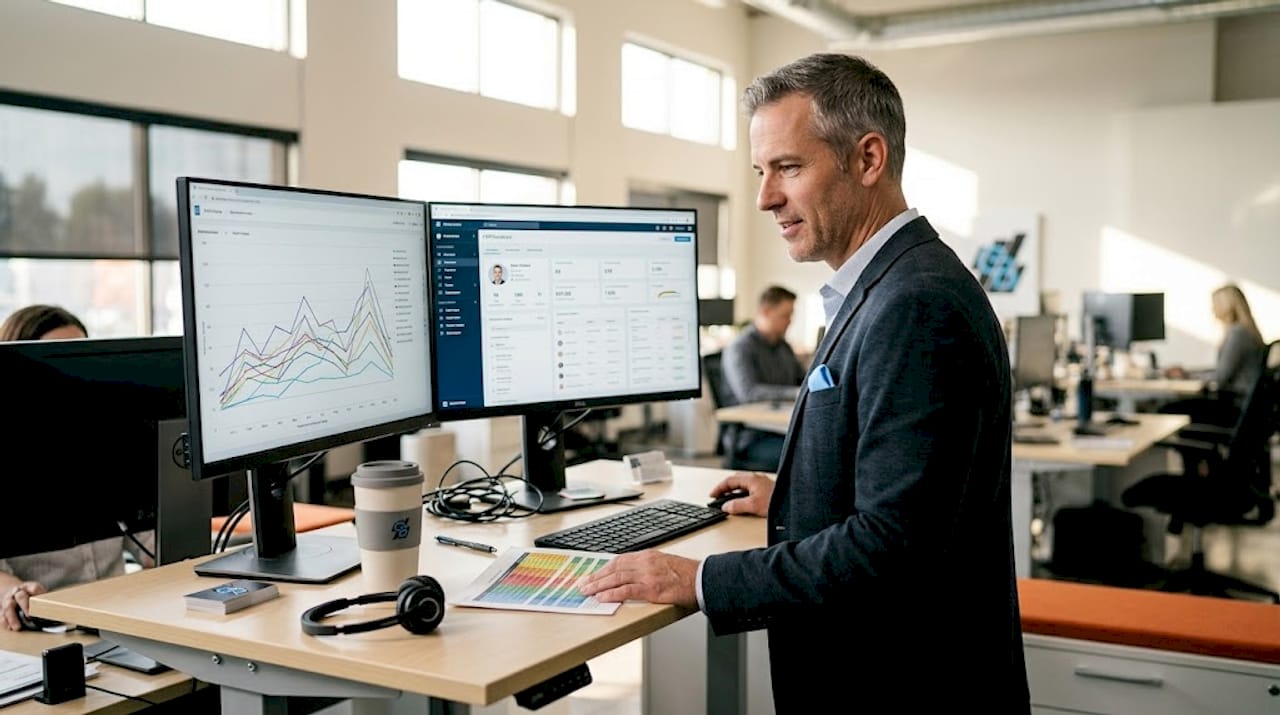 Marketer uses AI tools in busy office