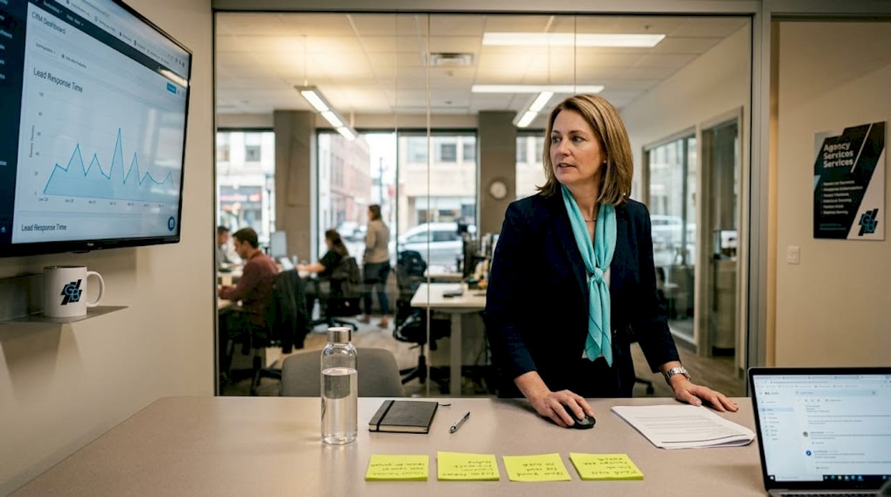 Manager reviewing integrated insurance software data