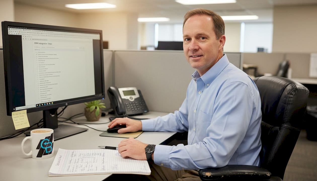 Agent setting up CRM system at desk