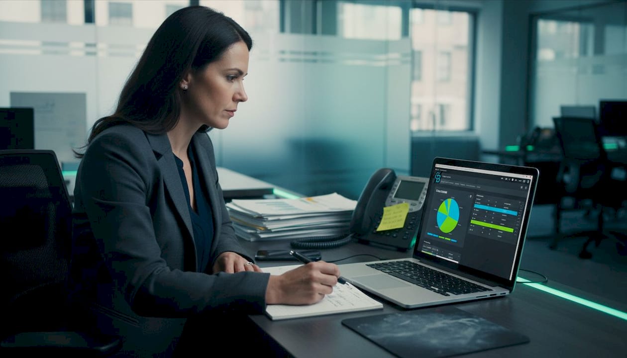 Advisor reviewing CRM report in office