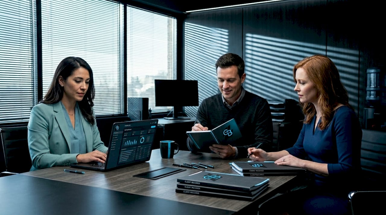 Insurance agents collaborating with CRM dashboard
