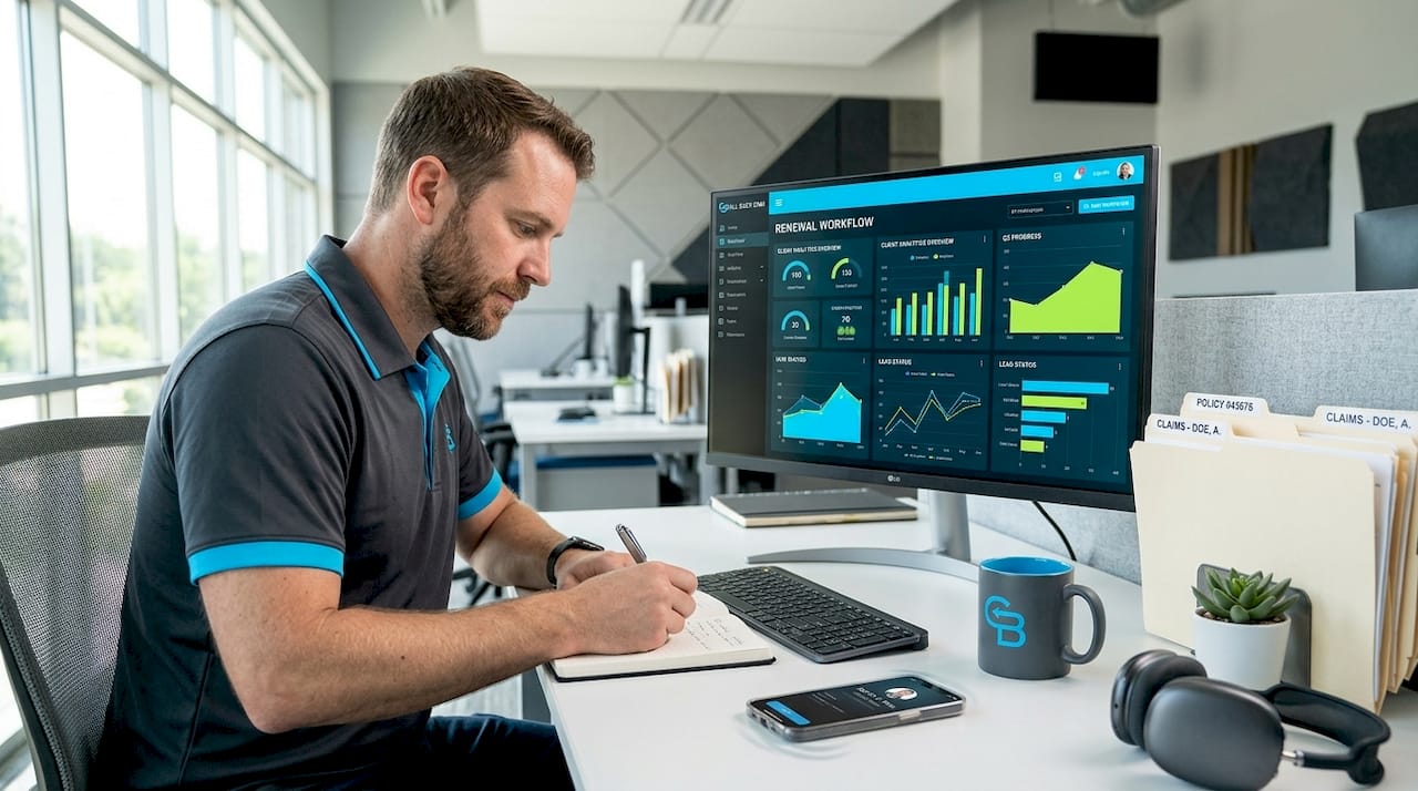 Agent managing CRM workflow on large monitor