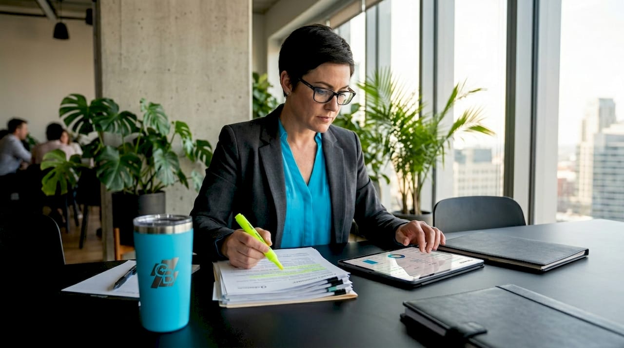 Manager auditing client data at agency conference table