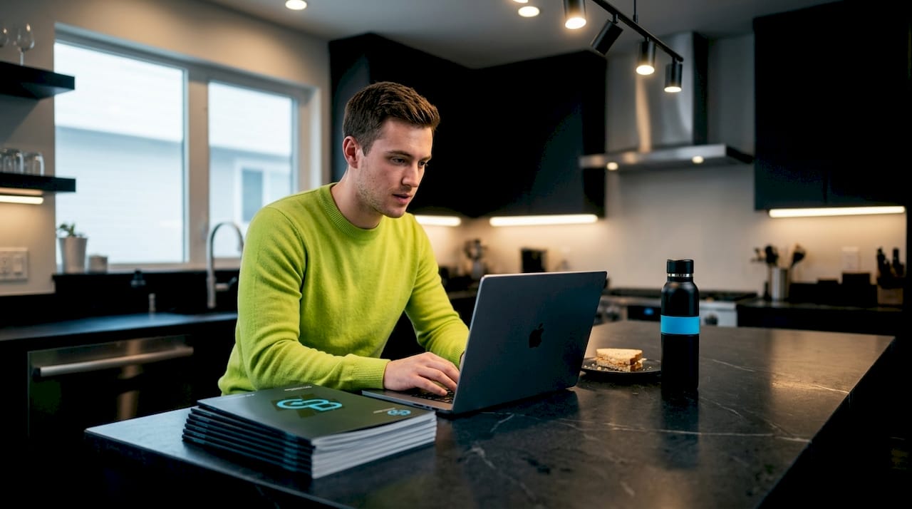 Marketer writes personalized email campaign at kitchen table