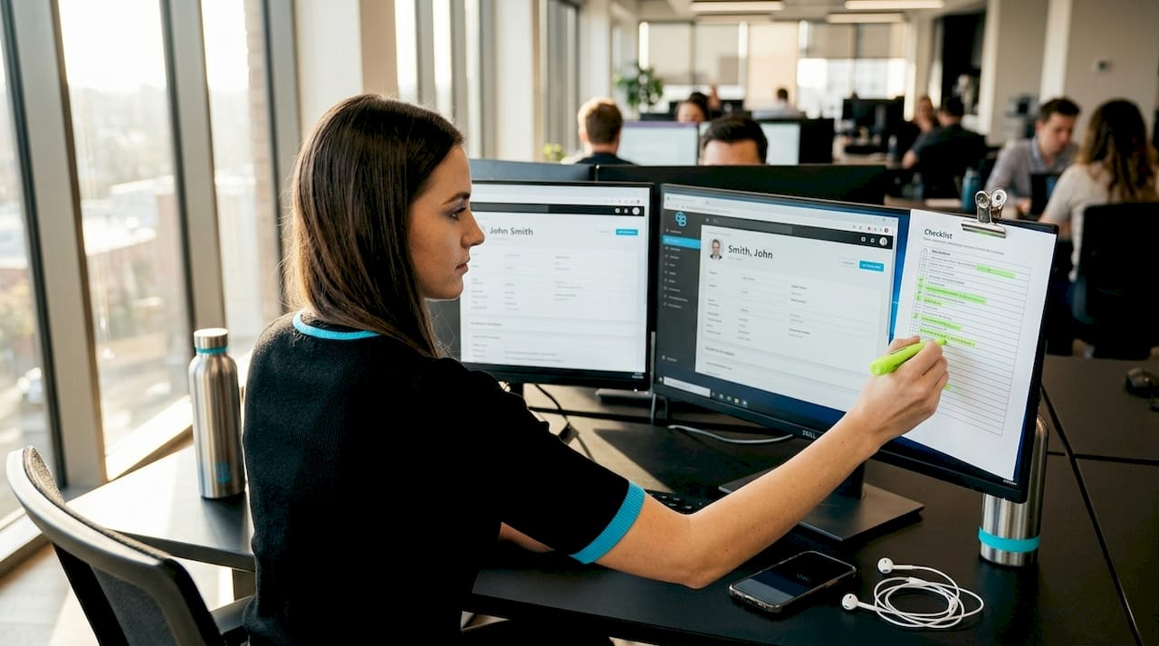 Data entry specialist reviewing insurance client records