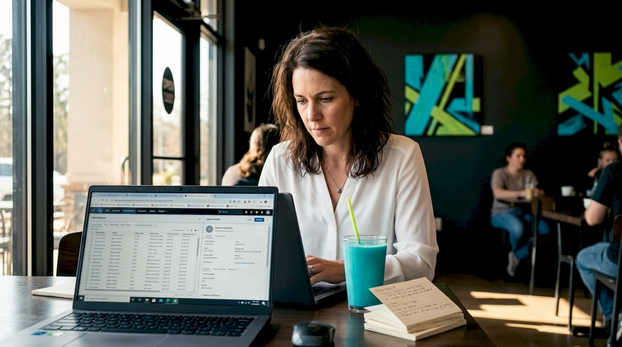 Woman reviewing insurance CRM data at office desk