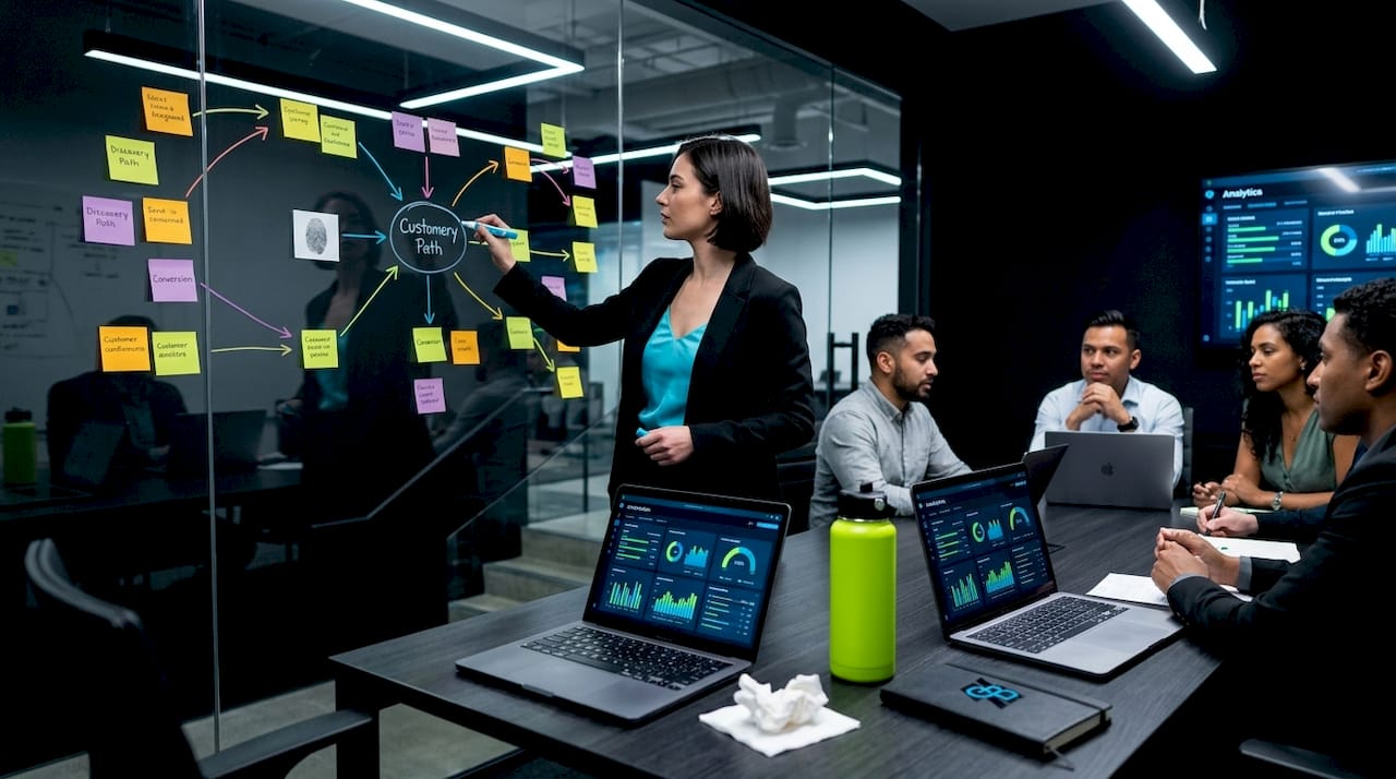 Team discussing customer journey on glass wall